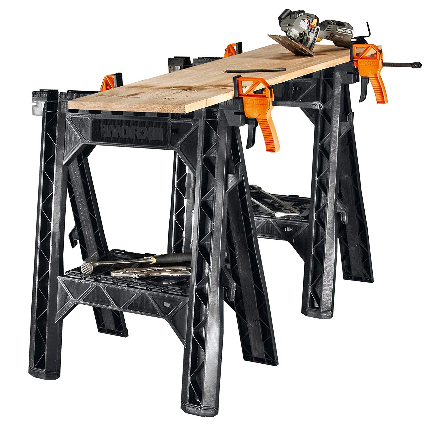WORX Clamping Sawhorse Pair with Bar Clamps, Builtin Shelf and Cord